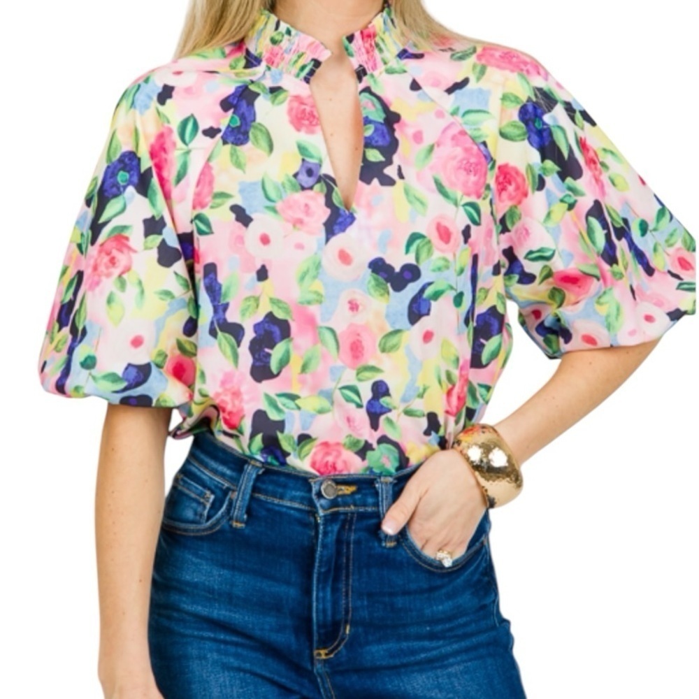 Floral Puff Sleeve Blouse Sz L NWOT